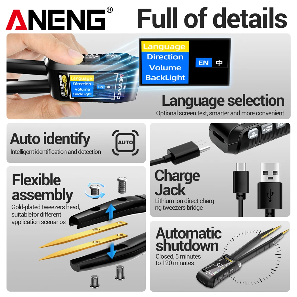 ANENG GN702 LCR Ponte de pinça inteligente Bateria de lítio recarregável embutida Capacitores de indutância multifuncionais Ferramentas meduráveis