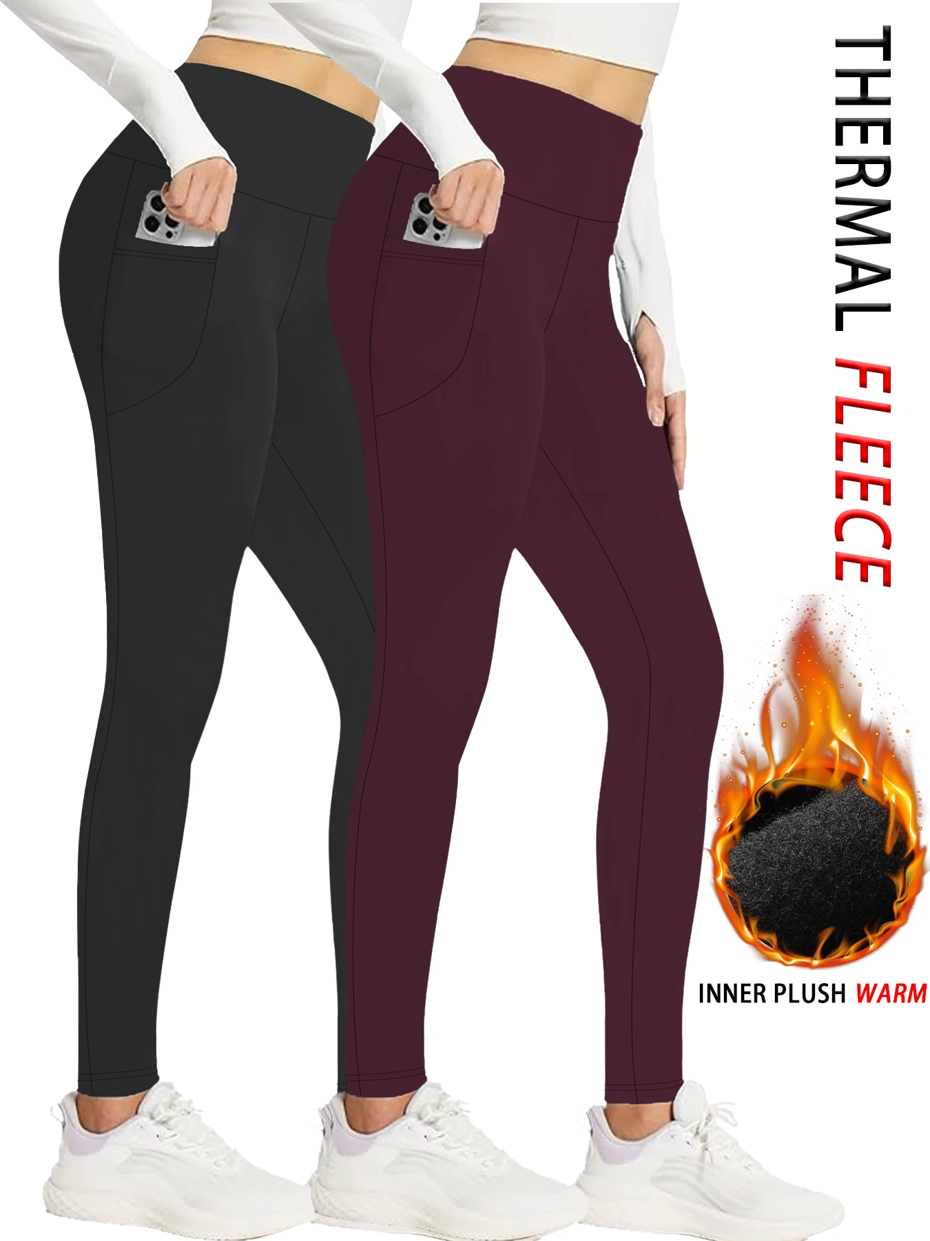 عبوتان من السراويل الضيقة الحرارية النسائية مع جيوب، سراويل ضيقة سميكة عالية الخصر للتحكم في البطن في الشتاء للطقس البارد