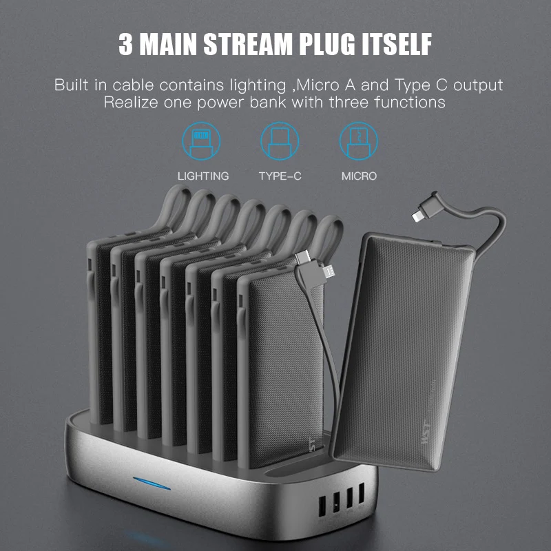 Domars 8pcs 10000mAh Shared Power Bank Combo Set Fast Charging Mobile Battery With Built-in Data Cable Suitable for Home Cafe