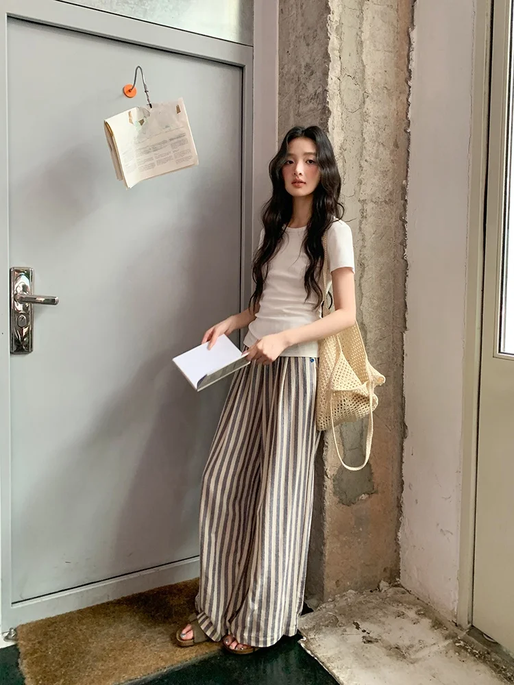

High Waist Striped Casual Pants Women's Summer 2026 New Sle Thin Loose Long Trousers Lazy Straight Leg Pants