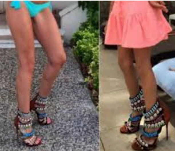 Red And Black Color Blocking Embroidered Style Sandals Beaded Heels Rabbit Fur  Single Buckle Strap Women's Shoes For Banquets