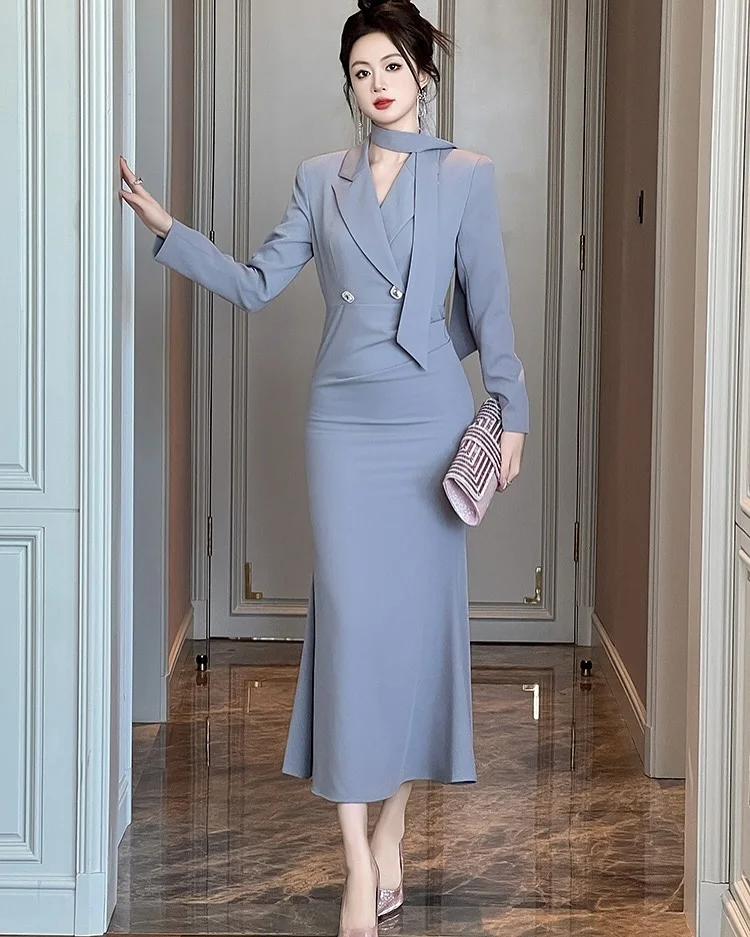 

Customized Formal Jersey Mermaid Buttons Ribbons Evening Dress Delicate Long Sleeves V-Neck Tea Length Bespoke Occasion Gowns