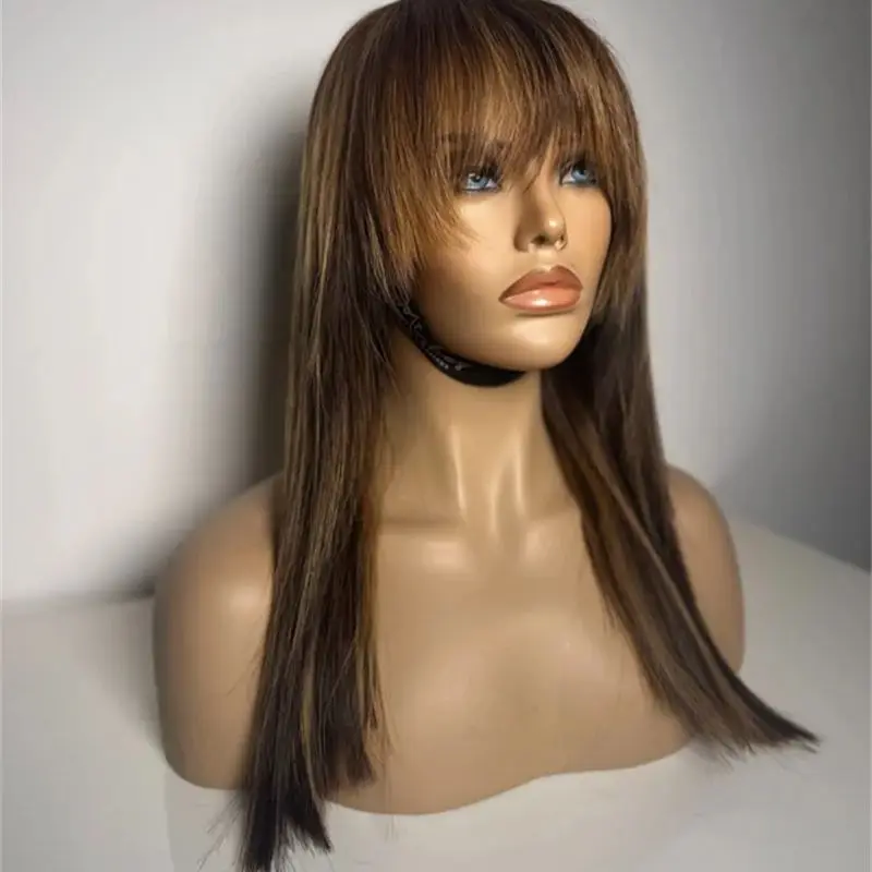 المرأة شعر مستعار أومبير الشوكولاته البني الاصطناعية الدانتيل شعر مستعار أمامي مستقيم بوب شعر مستعار مع الانفجارات قسط ارتفاع درجة الحرارة الألياف شعر مستعار للحفلات