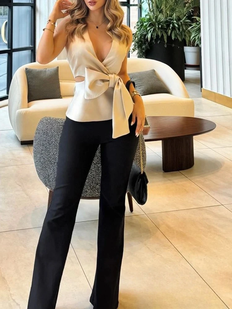 

KONDALA Vintage Sexy Chic Women Halter Tops Solid Bow V Neck Sleeveless Short Vest Fashion 2024 Summer Party Turtleneck Tops