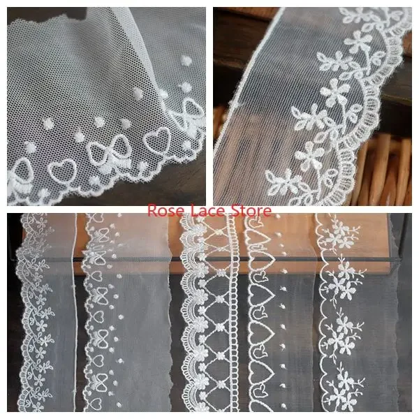 

5 yards Off white flower embroidery Lace Trim,love heart dot Scallops tulle trim, For Wedding Gown,Bridal Hairband,Girl dress