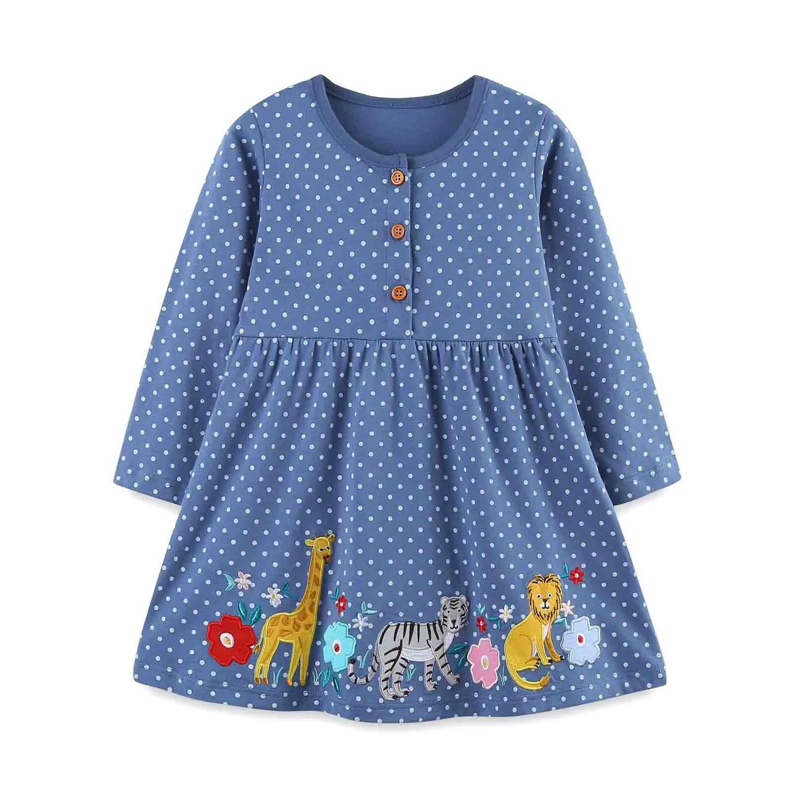 Girls Cartoon Dress Applique Party Dresses Casual Jesey Coton Long Sleeved Girl Apparel