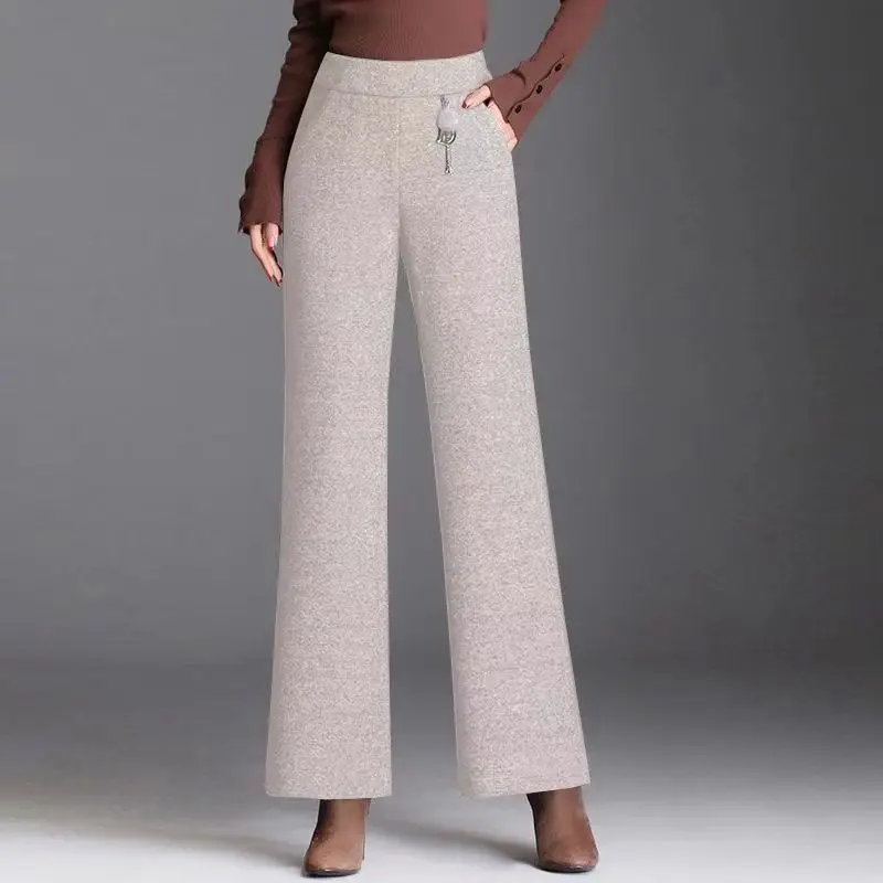 Vintage Elastic High Waist Women Wool Straight Pants Autumn Winter Fashion High Waist All-match Casual Chic Thicken Trousers