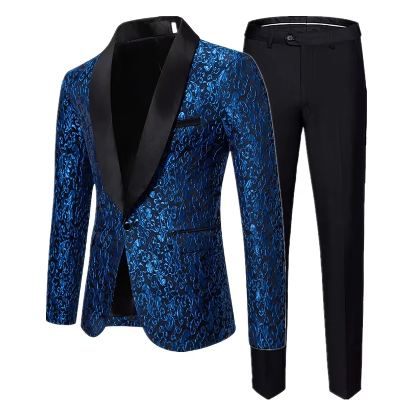 

k35 New Men's Jacquard Suit 2 Piece Blue / Red / Black Men Luxury Wedding Prom Party Stage Blazers Jacket and Pants