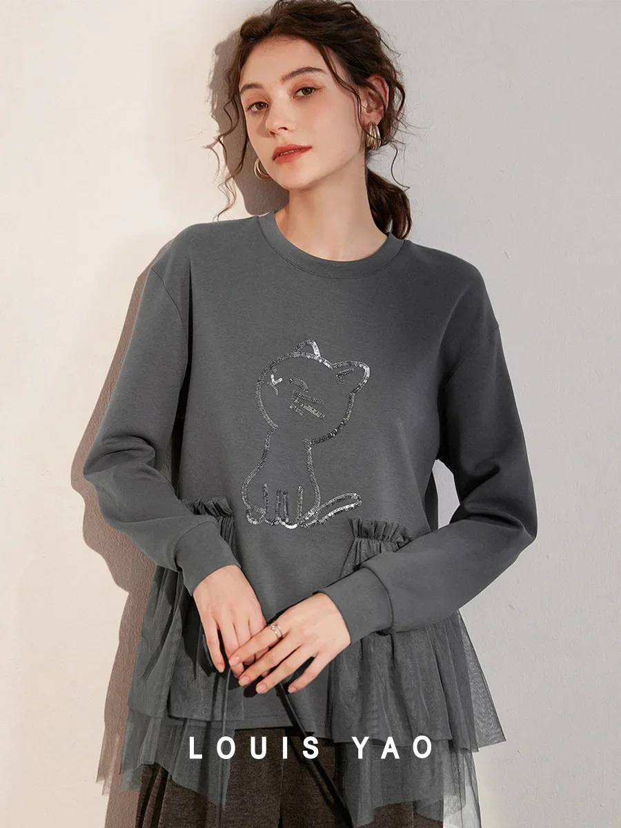 LOUIS YAO 2025 Winter Embroidered Sequin Craftsmanship Splicing Mesh Hoodie Round Neck Sleeves Micro Elastic Women's Top