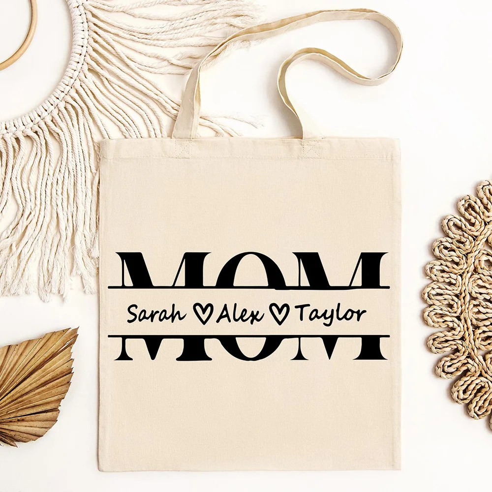 

Solid Canvas Tote Bag Personalized Kids Names Custom Mama Name Handbag For Mom Daily Grocery And Outdoor Errands