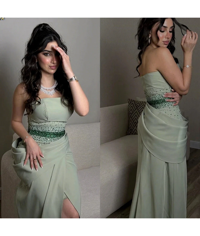 

Customized Exquisite Jersey Mermaid Crystal Evening Dress Delicate Sleeveless Strapless Floor Length Bespoke Occasion Gowns
