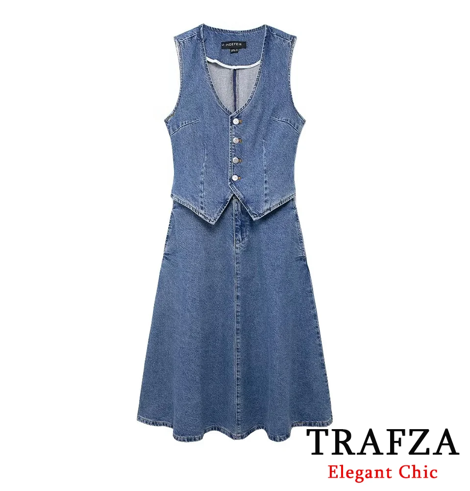 TRAFZA Elegant Vintage Denim Vest-Style Sleeveless Dress Women's Buttons Dress New 2024 Summer Fashion Holiday Glamorous Dress