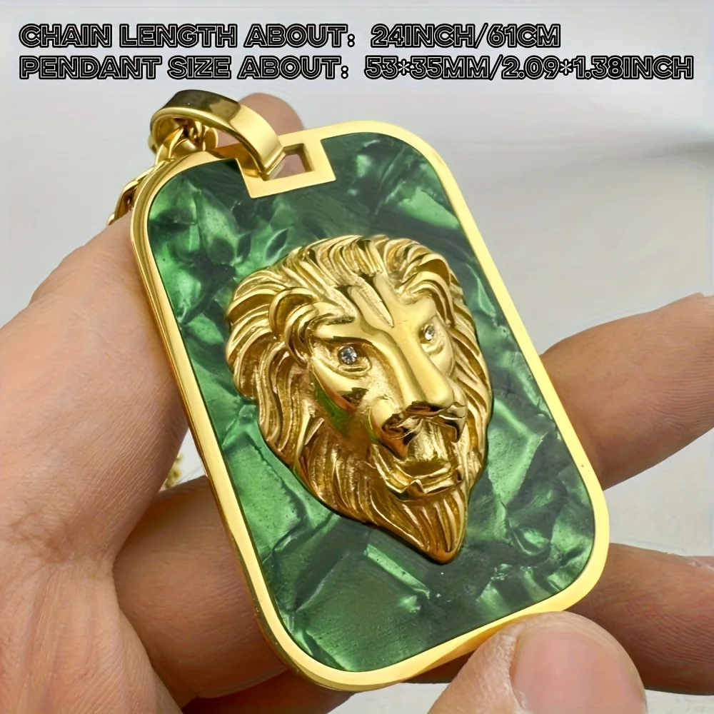 3D Lion Head Dog Tag Pendant Necklace Rhinestone Inlaid Eyes Hip-Hop Black/Green Shell Background 316L Stainless Steel Necklace