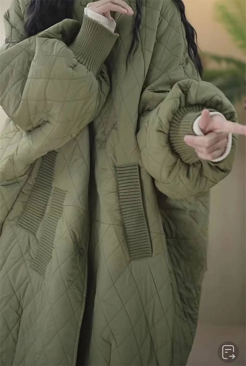 Oversized Diamond Plaid Down Cotton Jacket 2025 European Women Coat Long Lightweight Cotton Jacket Winter Parka New Coat Female