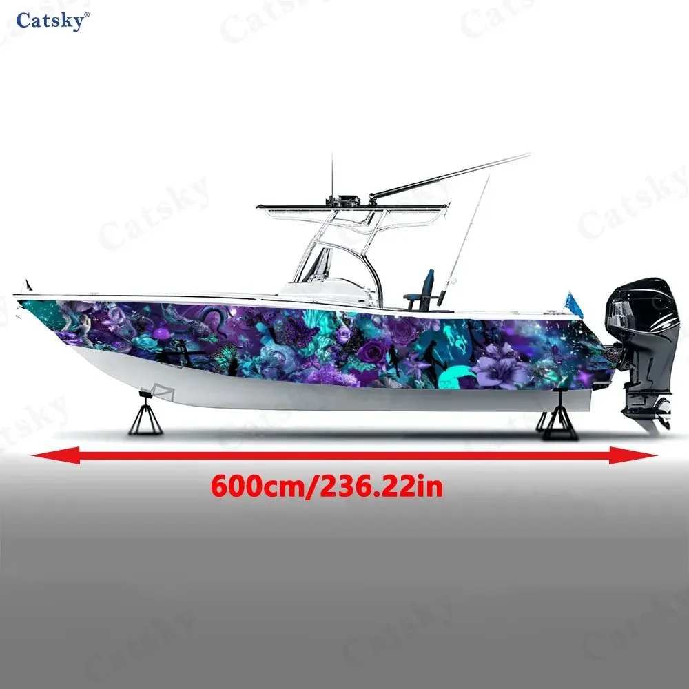 2Pcs Purple & Blue Fantasy Floral Boat Stickers, PVC Waterproof Vinyl Wrap Decals for Fishing Boats, Durable and Stylish Design