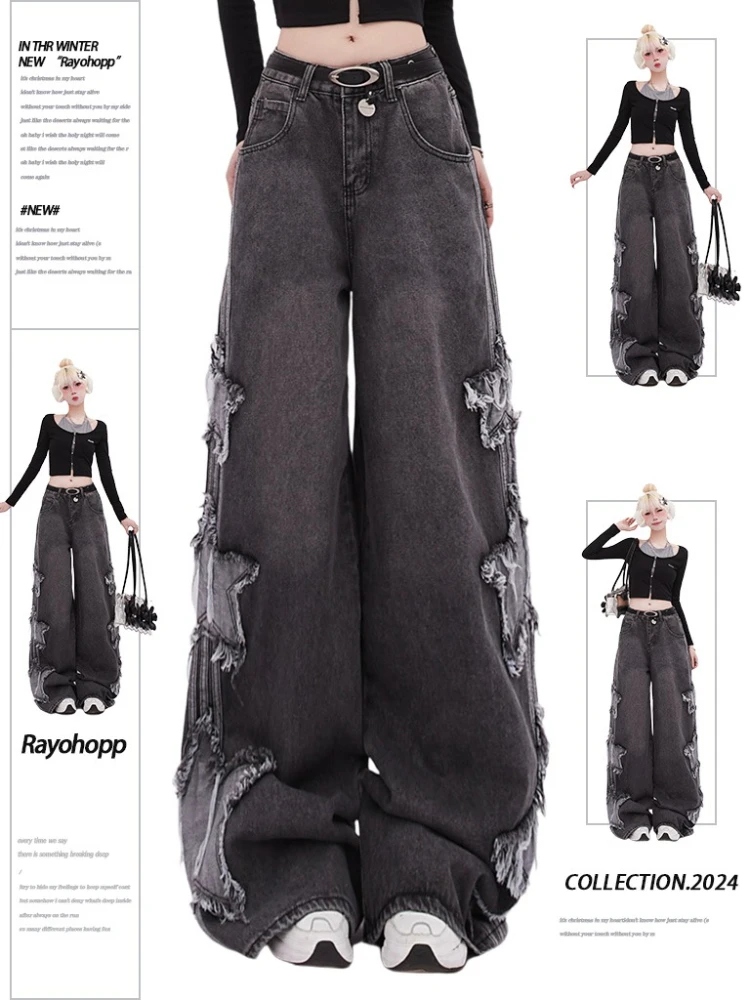 

Женские джинсы со звездами Y2k Harajuku 90-х годов, эстетические полосатые джинсовые брюки, винтажные мешковатые джинсовые брюки, японский стиль 2000-х, мусорная одежда