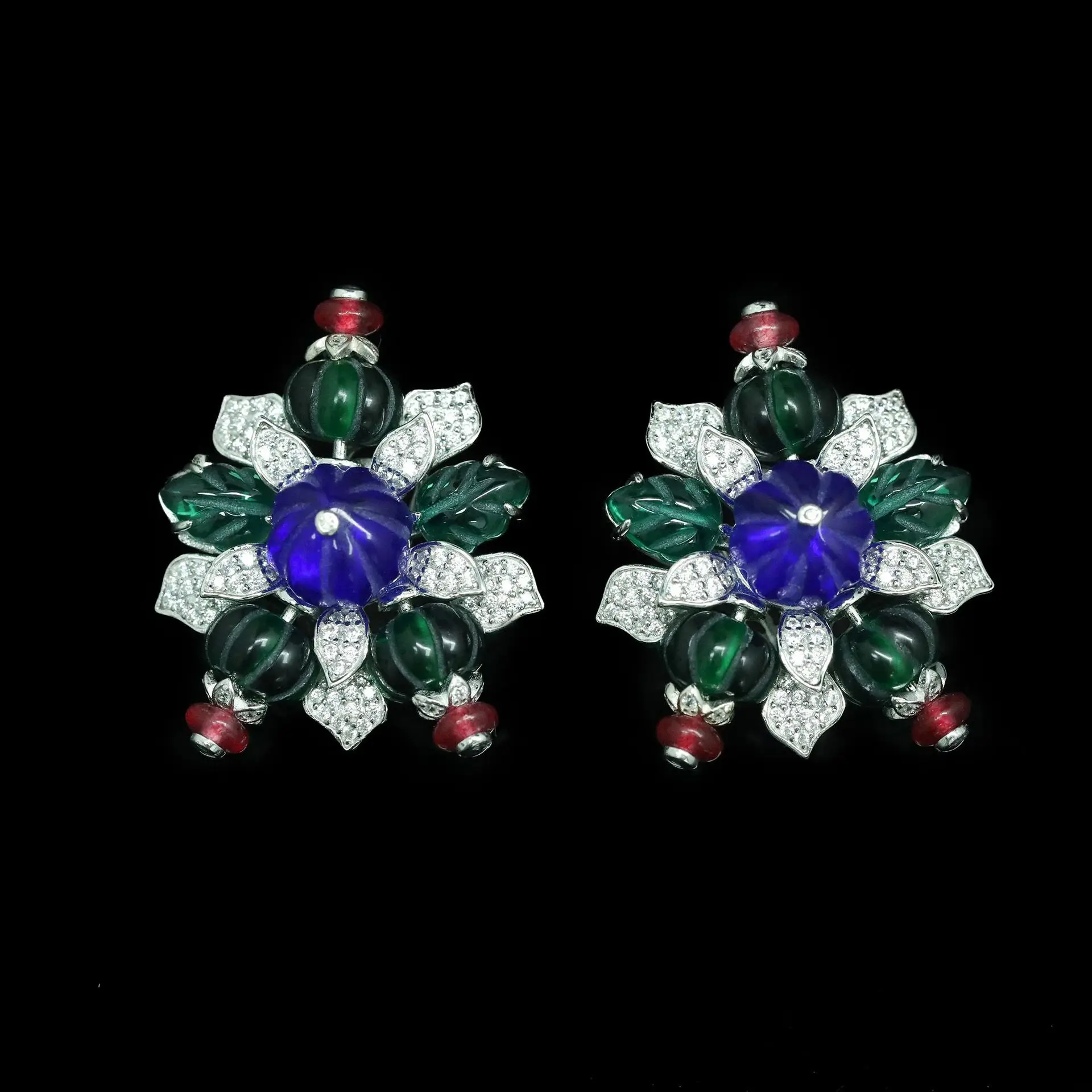 KQDANCE Hand Made 925 Sterling Silver With Synthetic Blue Green Red Gemstone Flower Clips Earrings For Women Fine Jewelry