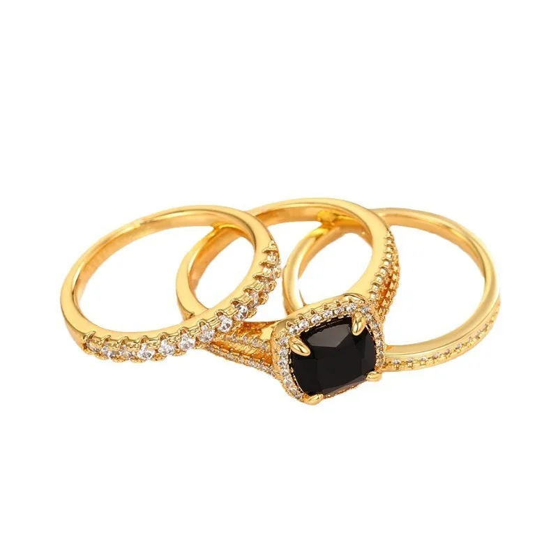 2024  Elegant Cushion Black Cubic Zirconia Set Rings Luxury 3Pcs Accessories for Women Modern Design Wedding Fashion Jewelry