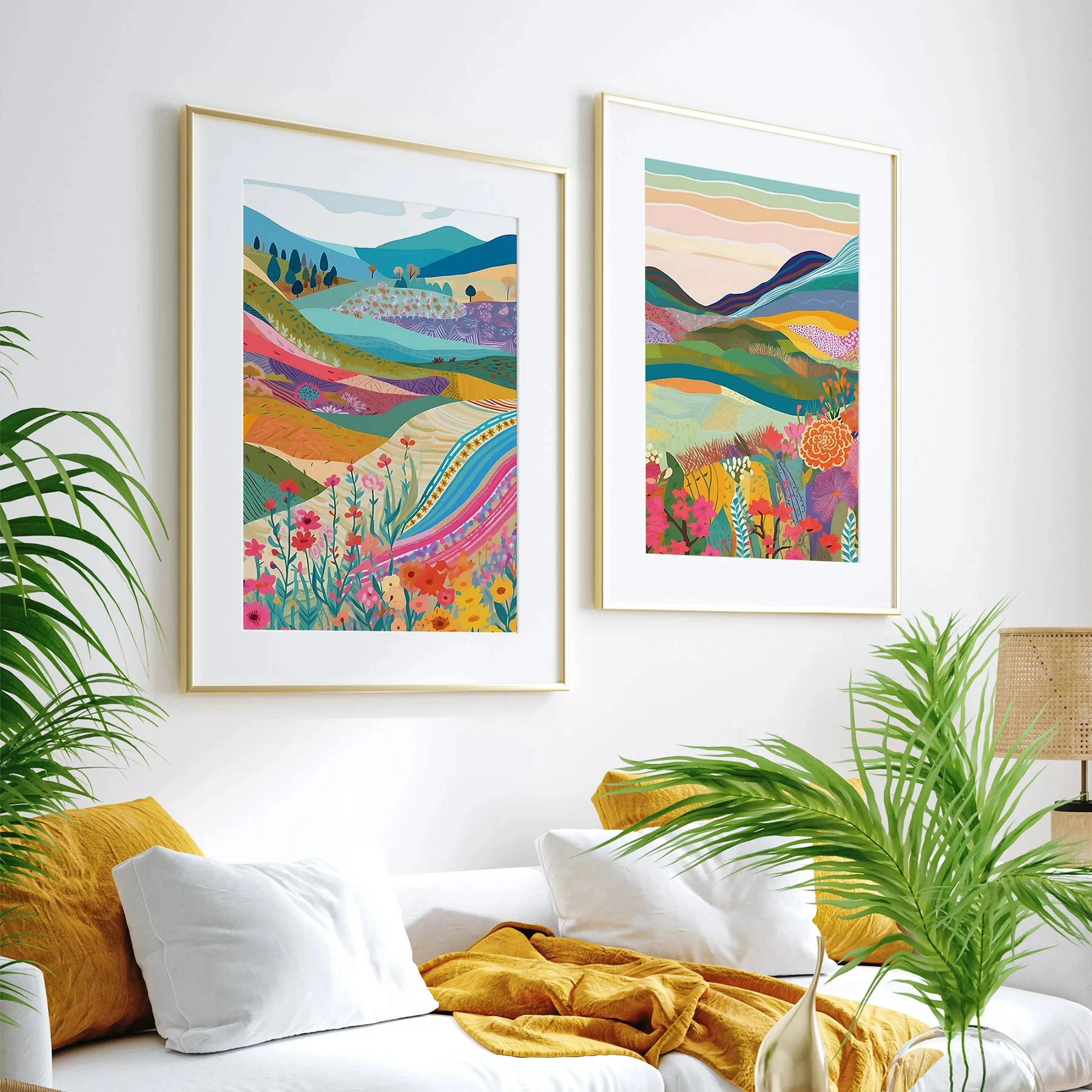 

Patchwork Meadow Set of 2 Landscape Floral Botanical Art Print Colorful Maximalism Wall Art Abstract Canvas Poster Home Decor