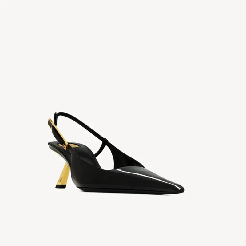 

European and American Women's Spring and Summer Metal High Heels with Pointed Back Straps, Fashion Shows, Banquet Sandals