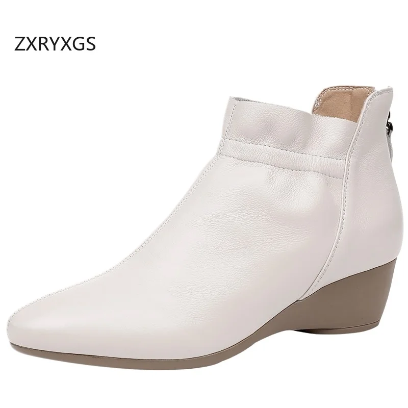 

ZXRYXGS Top Layer Cowhide Wedges Boots Mid Heels Comfort Elegant Women Boots 2025 New Fashion Autumn Winter Boots White Black