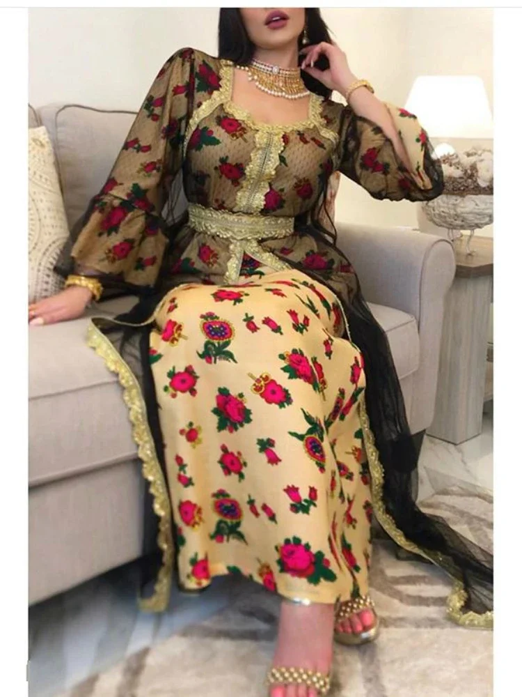 Eid Embroidered Abaya Dress Women Eid Mubarak Middle East Dubai Turkey Moroccan Kaftan Party Robes India Islamic Clothing