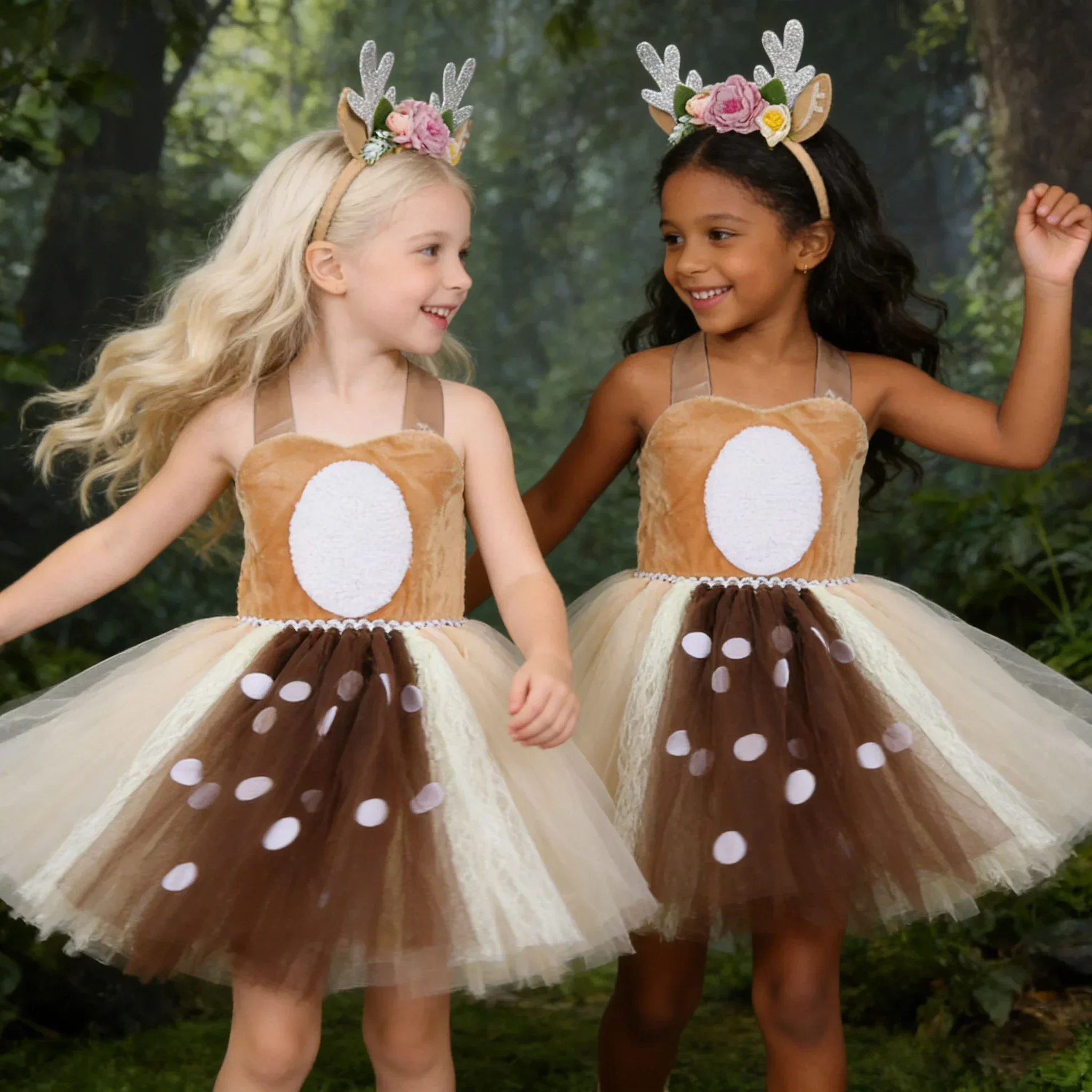 Kleinkind-Elch-Kostüm, Niedliches Rehkitz-Feen-Kostüm für Kindertagevorführungen, Weihnachtsfeier-Prinzessinnenkleid mit Stirnband, Mädchen-Weihnachtsmann-Kleid