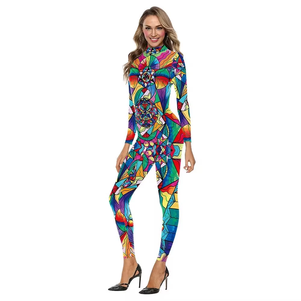 Halloween Women's Jumpsuit Party Sexy Bodysuit Color Block Art Print Colorful Costume Burning Man Cosplay Clothing One-piece