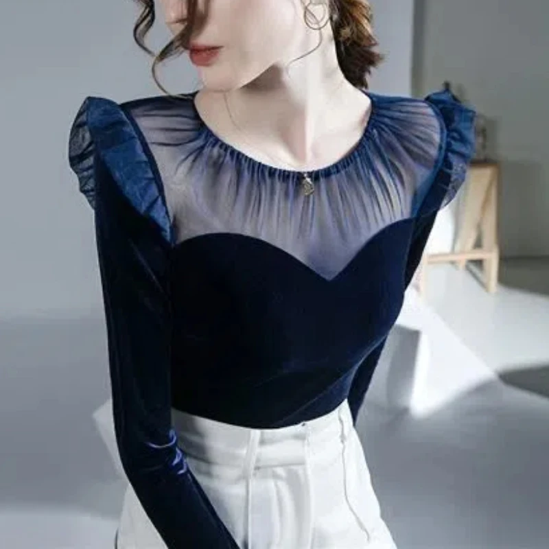 

Винтажные весенне-осенние бархатные новые женские футболки, однотонные марлевые плиссированные топы с круглым вырезом, корейские модные топы с длинными рукавами