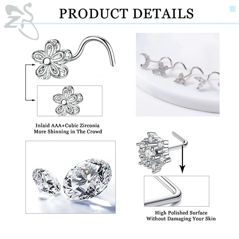 ZS 1PC 20G Stainless Steel Nose Piercingt Star Heart Cross Rose CZ Crystal Nose Stud Screw S-Shaped Nostril Piercings  Jewelry