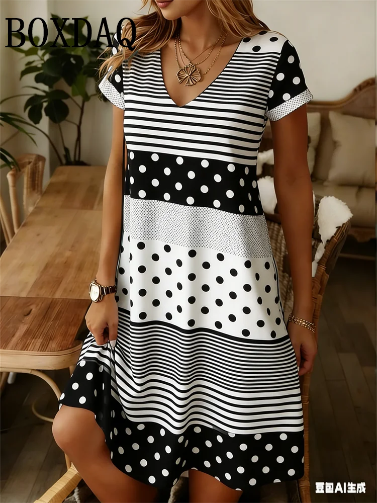 Women's Fashion Short Sleeve Dress Summer Women's Dresses Loose Plus Size Casual V-Neck Striped Polka Dot Print Ladies Clothing