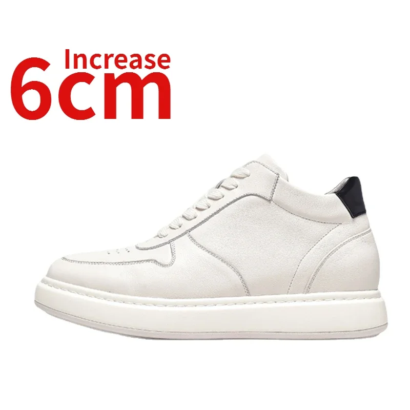 Height Increased 6cm White Shoes for Men High Top Casual Shoe Genuine Leather Breathable Elevator Shoes Trendy Platform Shoe Man