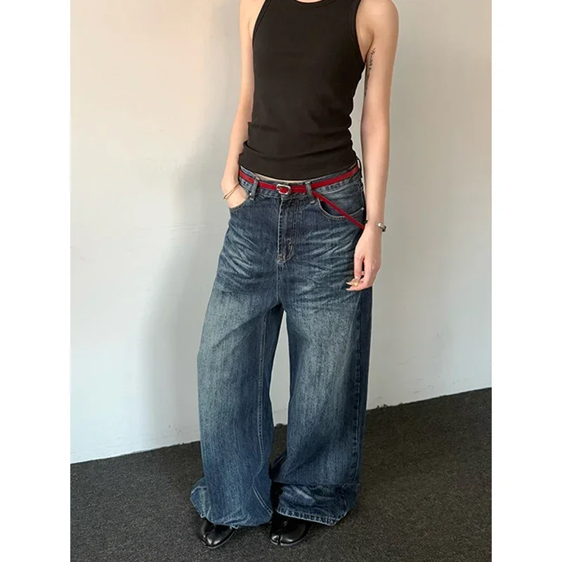 Jeans a gamba larga lavati larghi vintage anni 2000 Pantaloni casual Harajuku retrò americani da donna Pantaloni larghi in denim blu Y2K