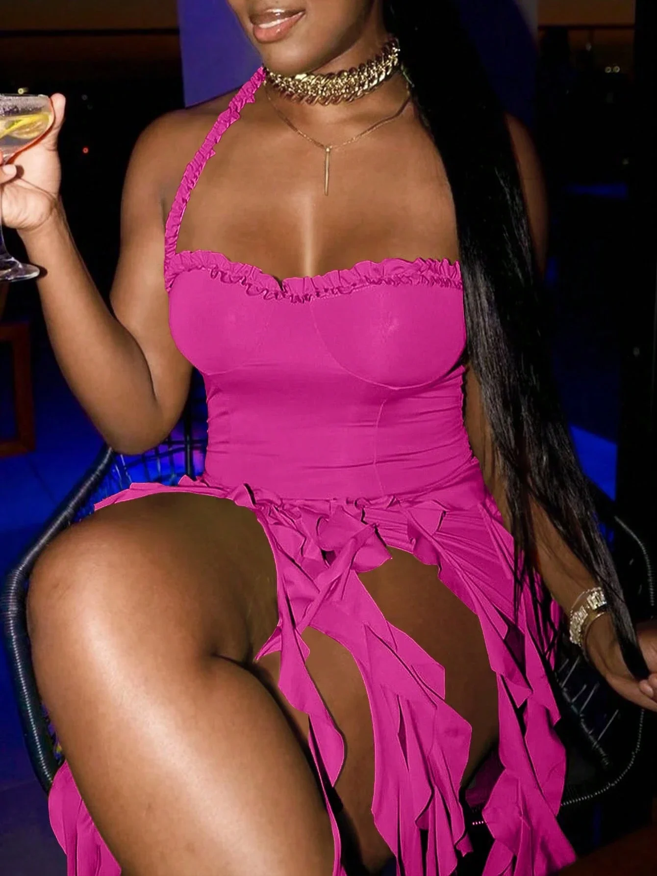 

Женское сексуальное облегающее платье миди с рюшами, открытой спиной и разрезом, однотонное, эластичное, для вечеринок и коктейлей