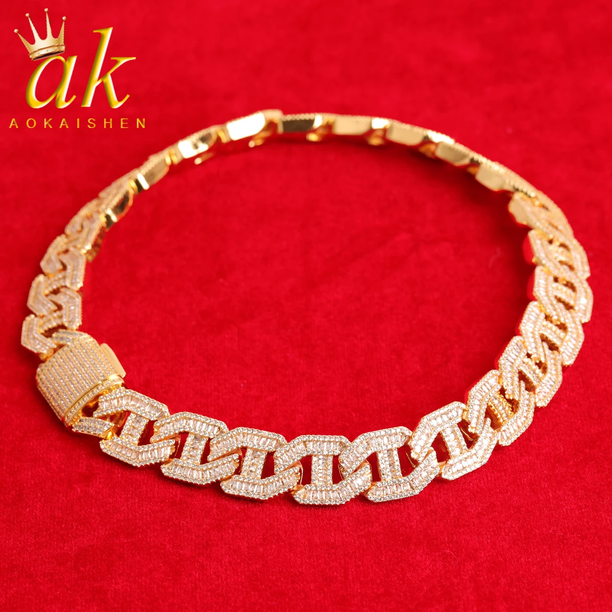 

Aokaishen Cuban Link Chain Baguette Choker Real Gold Plated Hip Hop Jewelry 2022 Fashion Women