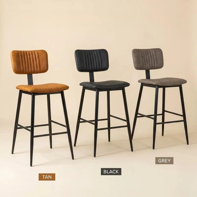 Vintage Industrial Bar Stool Cognac Tan PU Leather Channel Tufted Counter Height Commercial Dining Chair US Stock