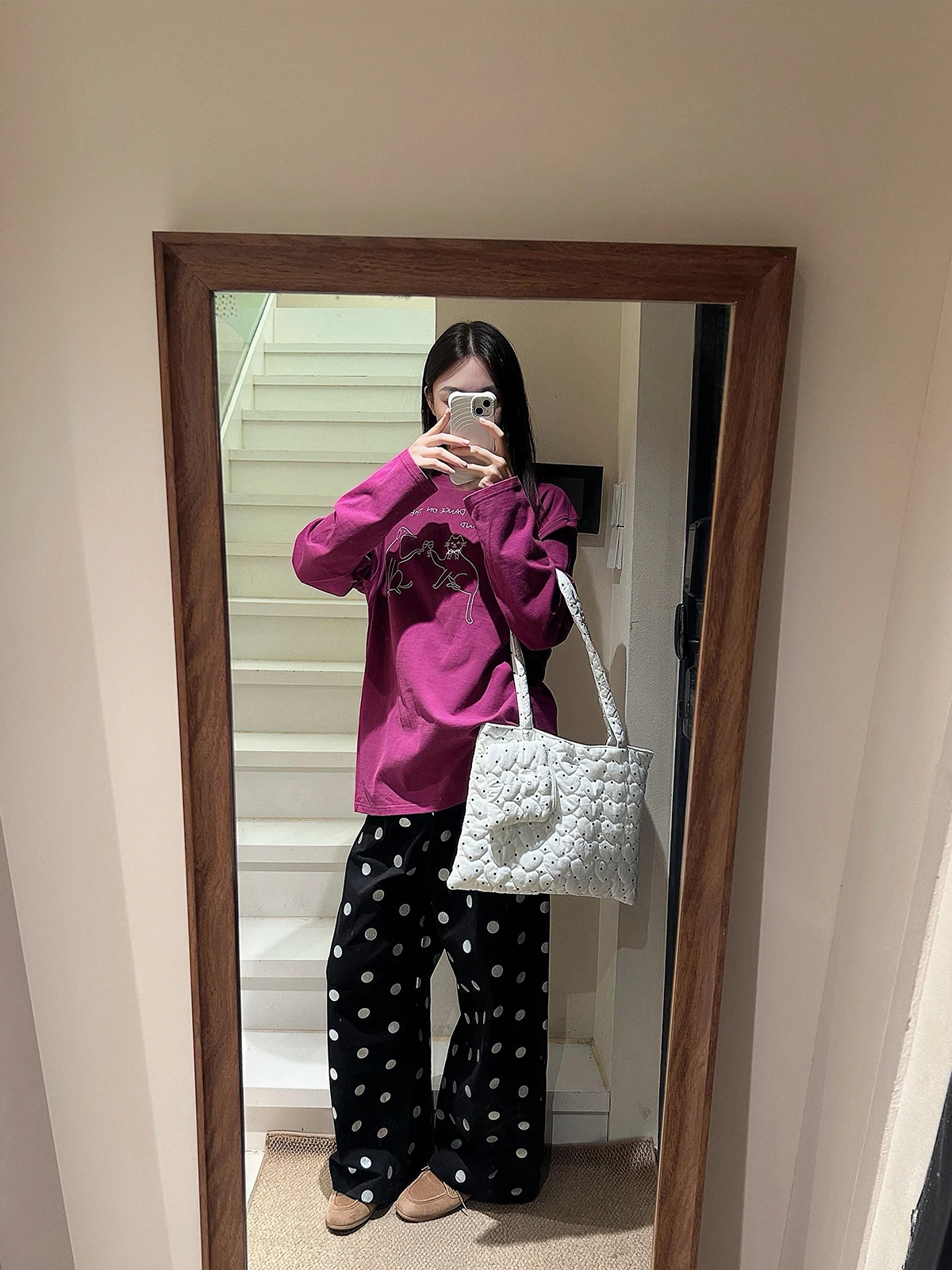 Sakura Lazy Style Long Sleeve round Neck T-Shirt Women's Casual Comfortable Loose Fit Purple Color  And Dog Print Tee