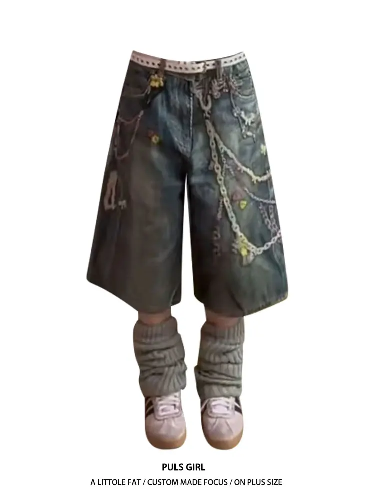 

Retro American Washed Chains Printed Denim Women's Seven-Foot Summer Loose Wide-Leg Pants High Waist Comfortable Casual Trousers