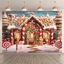 Merry Christmas gingerbread House with Snowy Tree Background cloth - Polyester party decoration, photography background banner