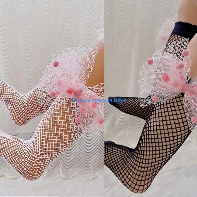 

090B Girls Socks Mesh Design Bowknot Accent Soft Stretchy for Play Comfort