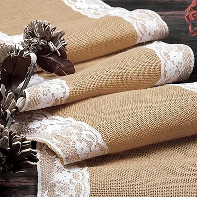 

Lace Burlap Table Runner Rustic Jute Farmhouse Country Vintage Romantic Fabrics for Wedding Birthday Christmas Party Decorations