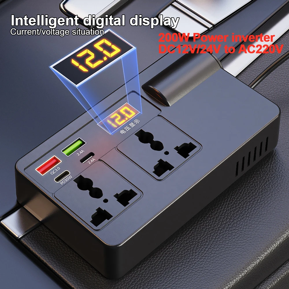 DC 12V/24V to AC 110V/220V Converter USB/PD/Type-C Chargers 200W 7 Ports Sockets Car Inverter Power Adapter Car Inverter QC 3.0 view 2
