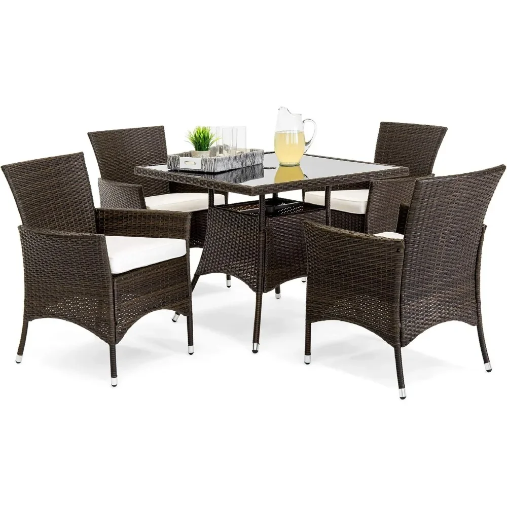 5-Piece Indoor Outdoor Wicker Dining Set Furniture for Patio, Backyard w/Square Glass Tabletop, Umbrella Cutout