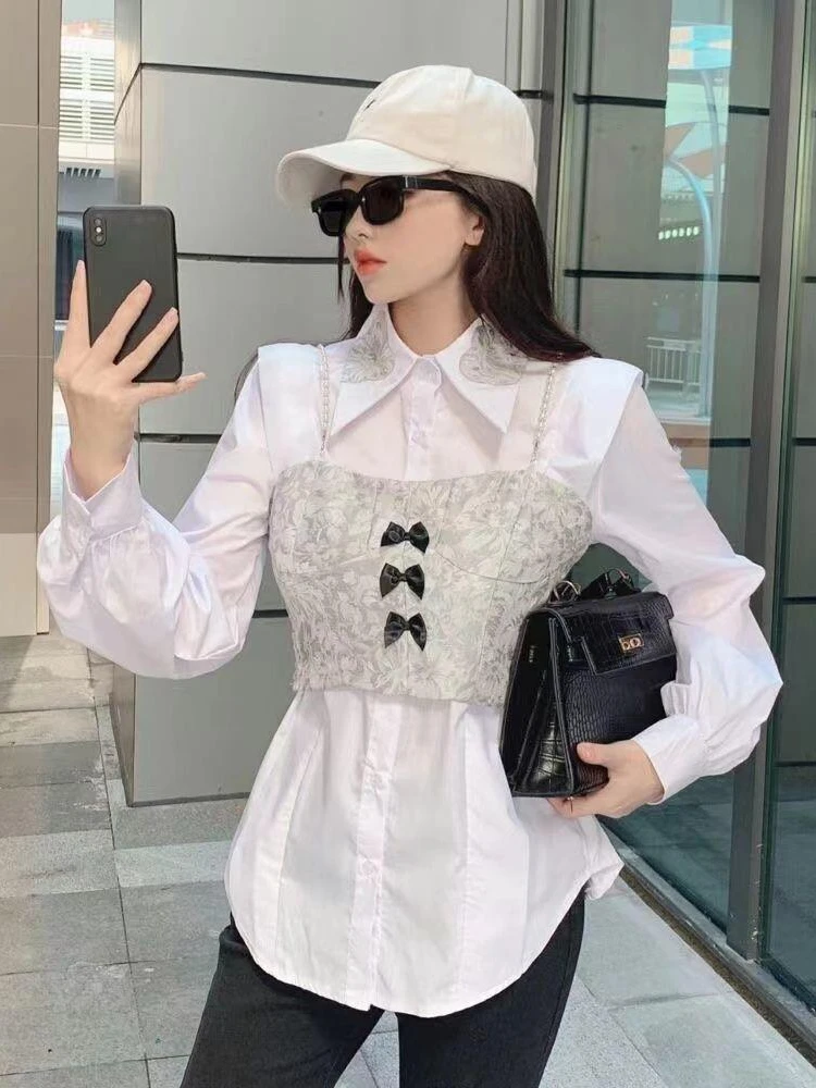 Fake 2 Pieces Shirts Women Simple Loose S-3XL Patchwork Elegant Office Ladies Tops Chic All-match New Spring Streetwear Fashion