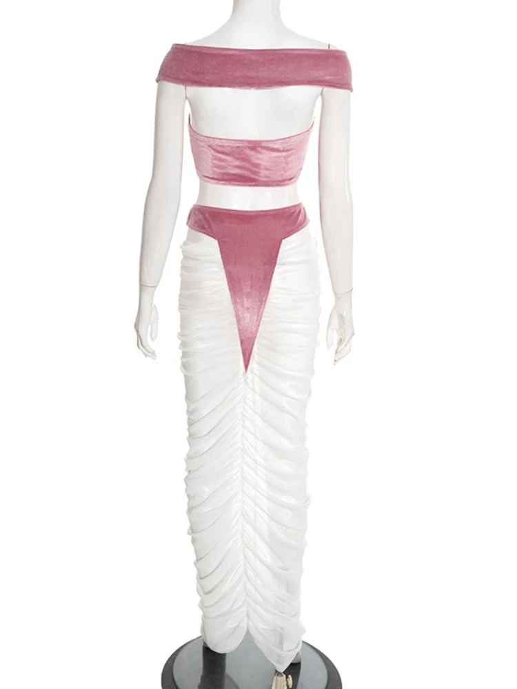 ชุดเซ็กซี่ 2 ชิ้น สำหรับงานปาร์ตี้ ชุดออกงานผู้หญิง เสื้อครอปกำมะหยี่แบบผูกเอวเปิดไหล่ และกระโปรงตาข่ายรัดรูปแบบเว้า