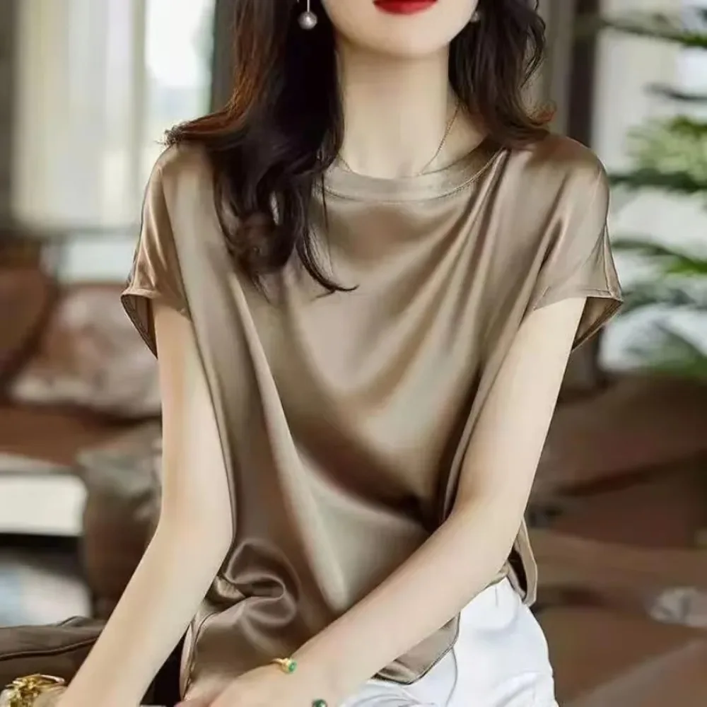 Faux Silk Thin Short Sleeve Top Korean Slip Woman T-shirt Summer Clothes Elegant Black Brown Tee Shirt Solid Loose Casual 4XL