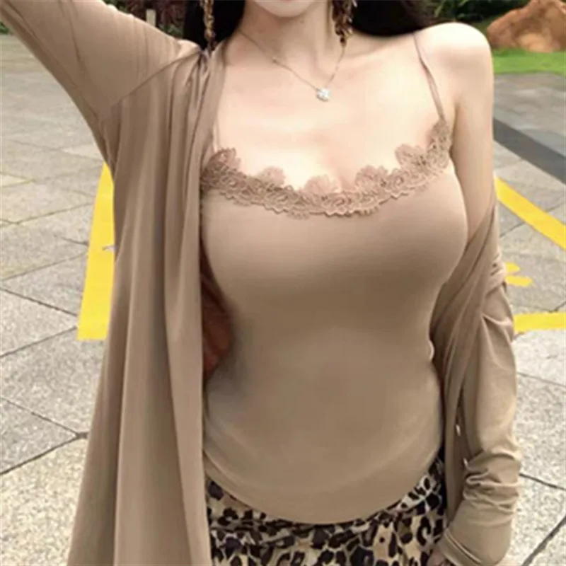 Novo coreano mangá moda figura camisola sexy conjuntos de duas peças topo para as mulheres outono novo colete de renda manga longa cardigan jaqueta ek3f