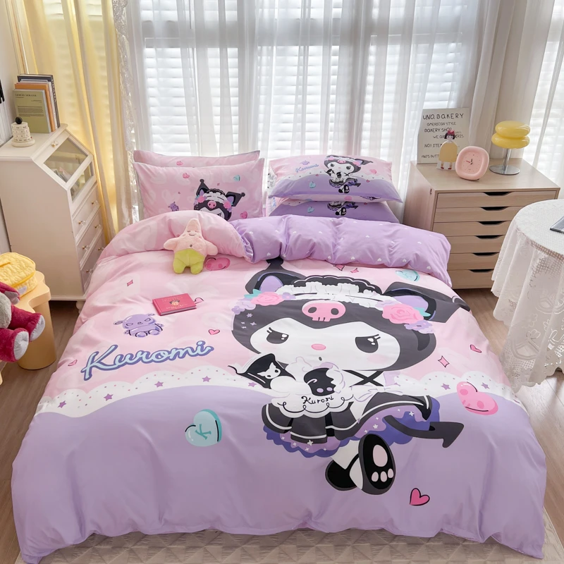 

3pc Duvet Cover Kuromi Pink Purple Bedroom Decoration Children's Adult Animation One Quilt Cover Two Pillowcases with Zipper