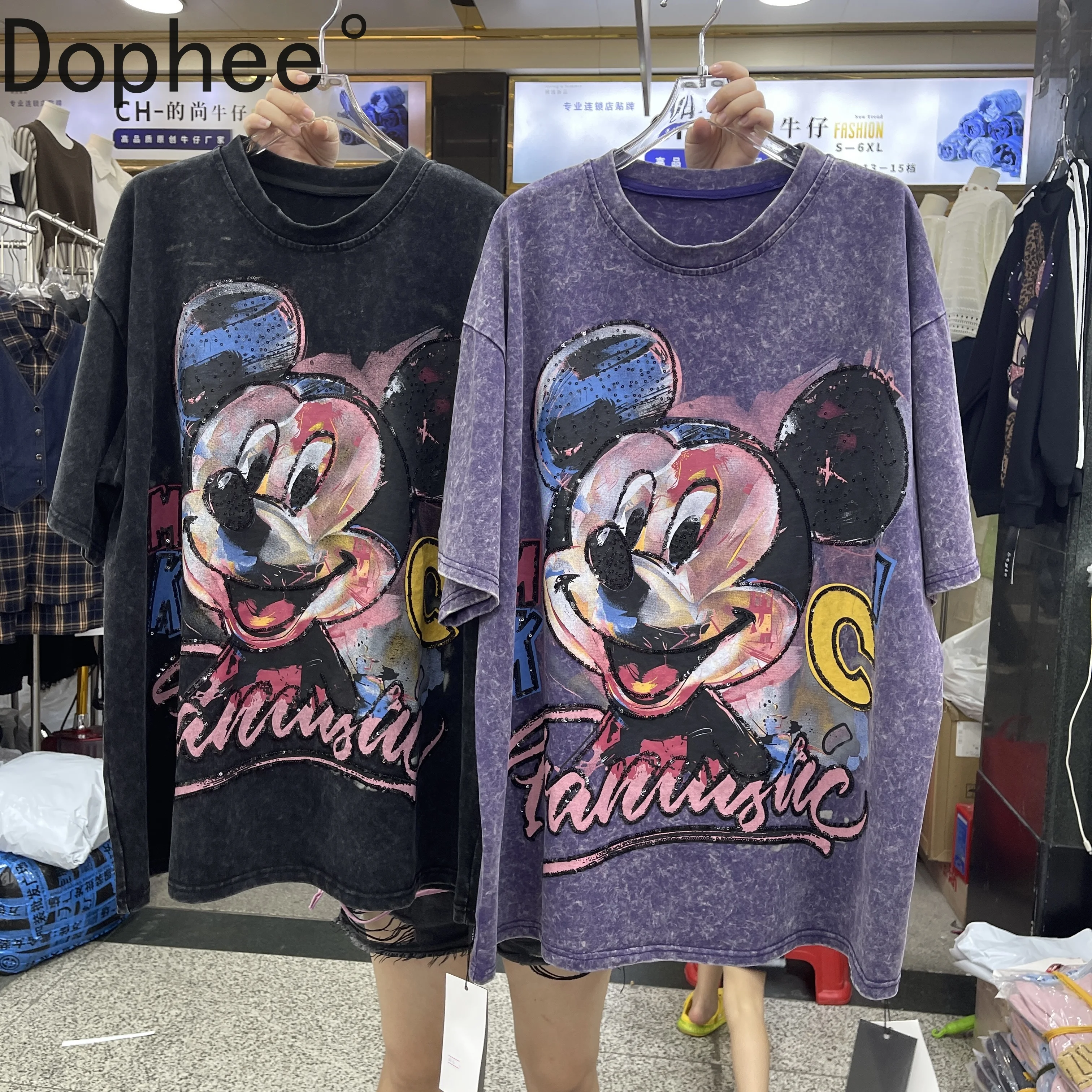 

Heavy Sequins Embroidery Cartoon Oversize Tees Women Mid-long Round Neck Pullover Top Spring Autumn Casual Short Sleeve T-shirt