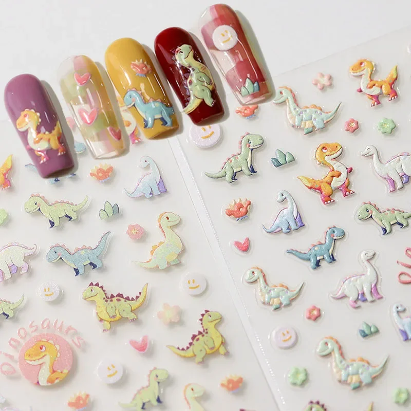 Cute Dinosaurs Cartoon 5D Soft Embossed Reliefs Self Adhesive Nail Art Decorations Stickers Lovely Manicure Decals Wholesale